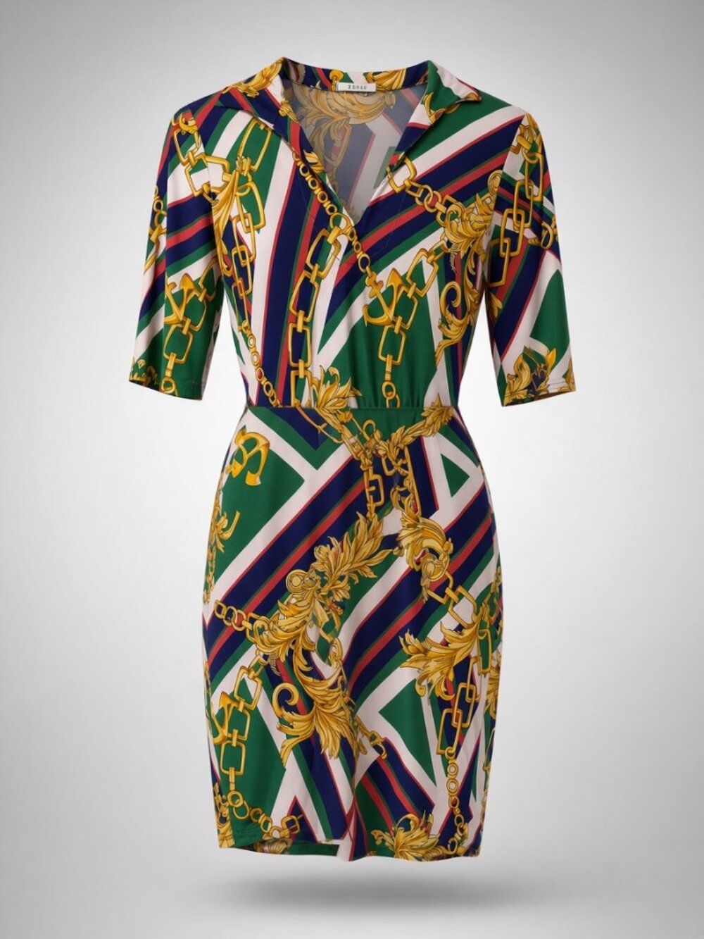 Green/Gold Baroque-style Collared Mini Dress, Viola Size L